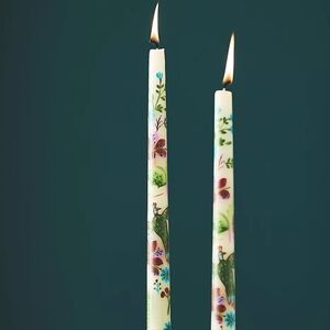 NIB ANTHROPOLOGIE Home Hand Painted Festive Forest 12" Taper Candles  Birds